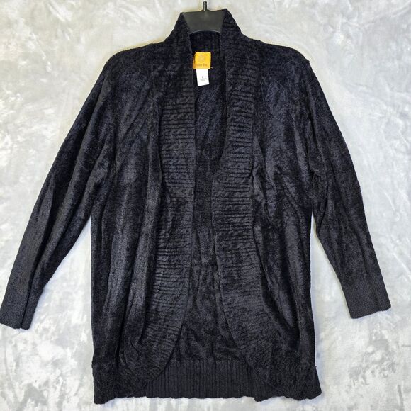 Ruby Rd. Sweaters - Ruby Rd Open Front Velvet Sweater Cardigan Large Black Scalloped Hem